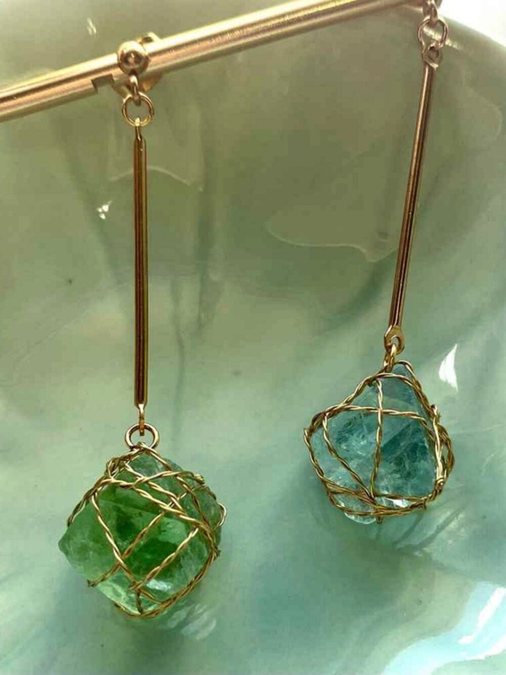 Handmade Gold Wire‑Wrapped Green Fluorite Long Bar Dangle Earrings